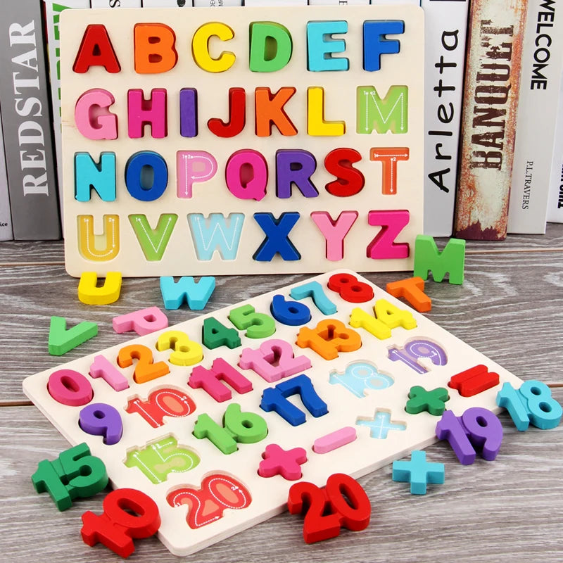 Crianças quebra-cabeça de madeira montessori brinquedos do bebê abc alfabeto número forma correspondência jogo de tabuleiro pré-escolar brinquedo educativo para crianças 2-4