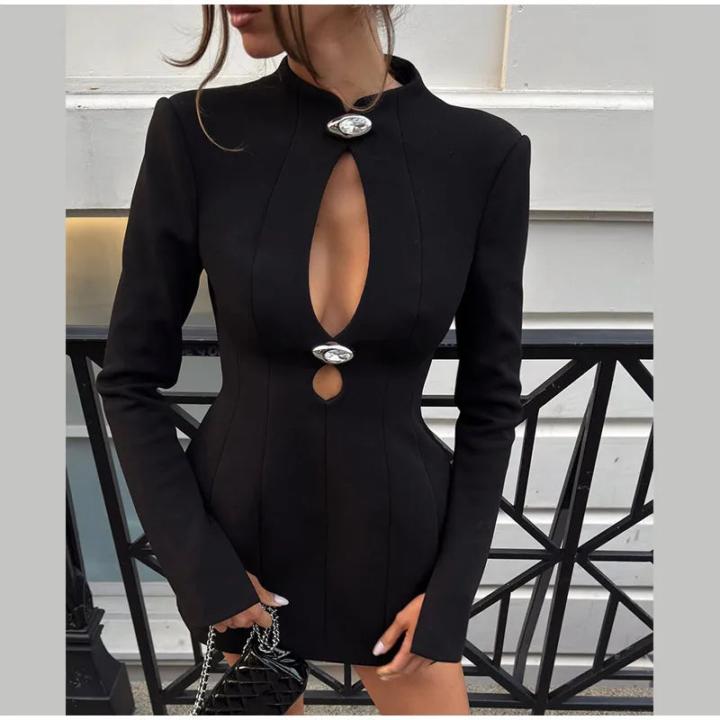 Preto oco para fora mini vestido feminino sexy manga longa bodycon cintura cinching vestidos 2025 chique outono senhora do escritório comute robes