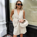 Retro Algodão Linho Treino Mulheres Two Piece Set Chic Button Vest Colete + Short Sets Ensemble Femme 2 Peças