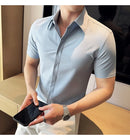 2025 camisa de manga curta elástica fina de verão de alta qualidade para negócios masculinos e roupas casuais, carcela de botão oculto M-4XL