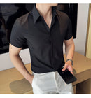 2025 camisa de manga curta elástica fina de verão de alta qualidade para negócios masculinos e roupas casuais, carcela de botão oculto M-4XL