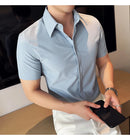 2025 camisa de manga curta elástica fina de verão de alta qualidade para negócios masculinos e roupas casuais, carcela de botão oculto M-4XL