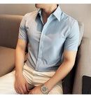 2025 camisa de manga curta elástica fina de verão de alta qualidade para negócios masculinos e roupas casuais, carcela de botão oculto M-4XL