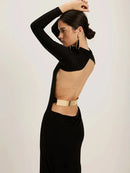 Mozision sem costas manga longa sexy maxi vestido feminino elegante preto meia gola alta bodycon clube festa vestido longo feminino