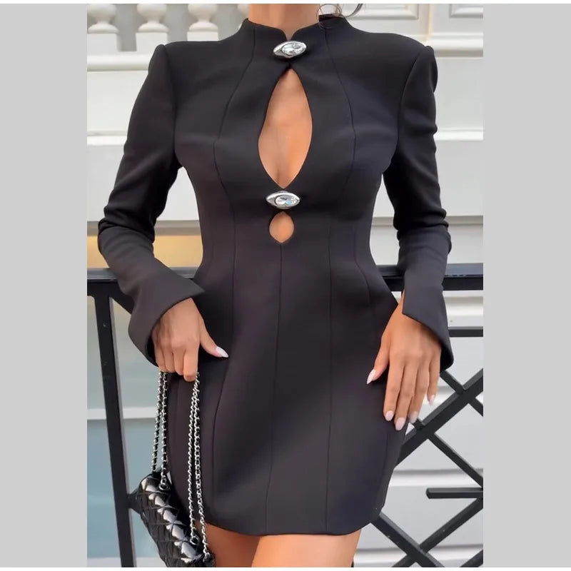 Preto oco para fora mini vestido feminino sexy manga longa bodycon cintura cinching vestidos 2025 chique outono senhora do escritório comute robes
