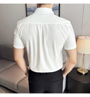 2025 camisa de manga curta elástica fina de verão de alta qualidade para negócios masculinos e roupas casuais, carcela de botão oculto M-4XL