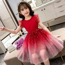 Meninas natal ano novo vestido vermelho colar de pérolas acessórios moda infantil vestido de princesa verão sem mangas vestido de gaze