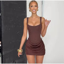 Mulheres decote em v halter sem costas mini vestido moda sem mangas cintura alta bodycon vestidos 2025 novo verão senhora festa férias robes