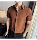 2025 camisa de manga curta elástica fina de verão de alta qualidade para negócios masculinos e roupas casuais, carcela de botão oculto M-4XL