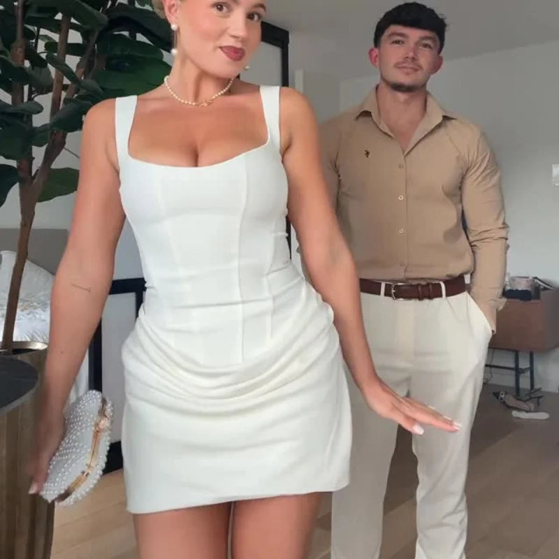 Mulheres decote em v halter sem costas mini vestido moda sem mangas cintura alta bodycon vestidos 2025 novo verão senhora festa férias robes