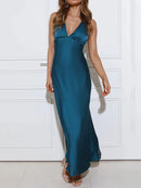 Vestido de cetim de seda para mulheres, costas nuas, sexy, maxi, longo, vestidos de noite, elegante, festa de aniversário, decote em v, robe para convidados de casamento, senhoras