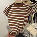 Meia gola alta pulôver listrado camisola fino ajuste camisa superior feminina início da primavera e outono manga curta camisa de fundo