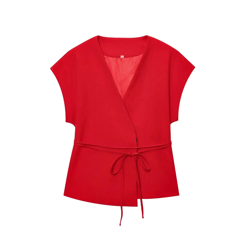 Moda feminina calças ternos sem mangas com decote em v superior com cinto calças retas define 2025 primavera verão commuter 2 peça conjunto