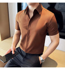 2025 camisa de manga curta elástica fina de verão de alta qualidade para negócios masculinos e roupas casuais, carcela de botão oculto M-4XL