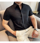 2025 camisa de manga curta elástica fina de verão de alta qualidade para negócios masculinos e roupas casuais, carcela de botão oculto M-4XL