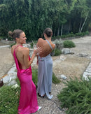 Mozision um ombro sem costas sexy maxi vestido feminino moda fivela de metal gola diagonal sem mangas drapeado clube vestido longo