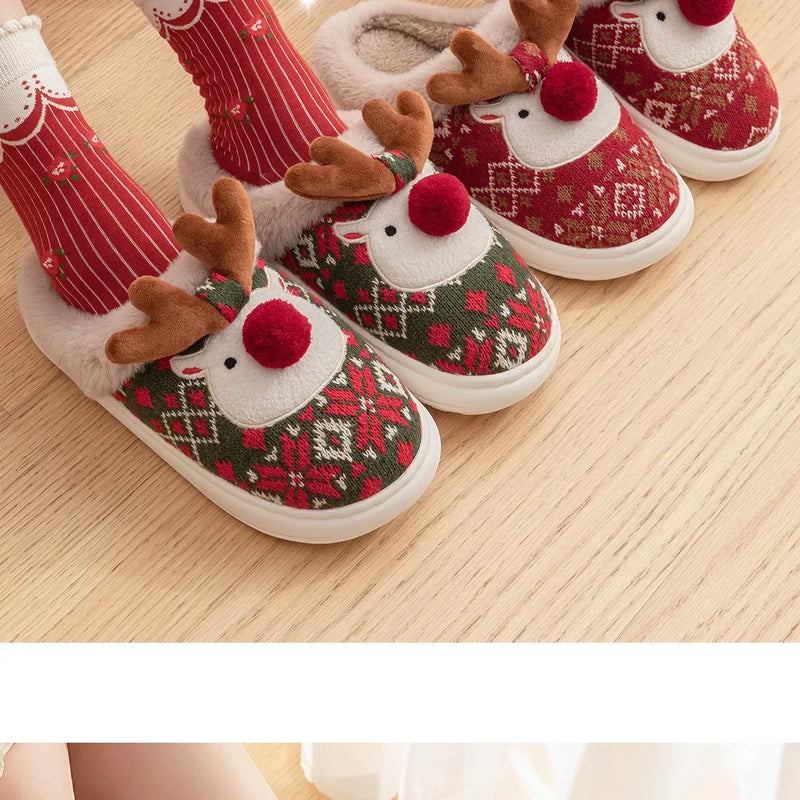 Inverno novo natal chinelos de algodão para mulher bonito dos desenhos animados cervos antiderrapante meninas interior casa sapatos moda festa slides