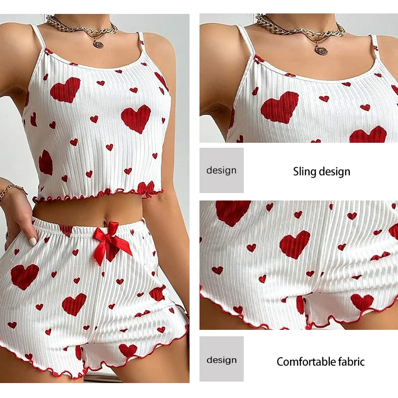 Conjunto de pijamas femininos pijamas 2 peças regata curta e shorts s m l branco ventilar macio casual amor impressão