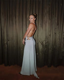 Mozision um ombro sem costas sexy maxi vestido feminino moda fivela de metal gola diagonal sem mangas drapeado clube vestido longo