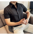 2025 camisa de manga curta elástica fina de verão de alta qualidade para negócios masculinos e roupas casuais, carcela de botão oculto M-4XL