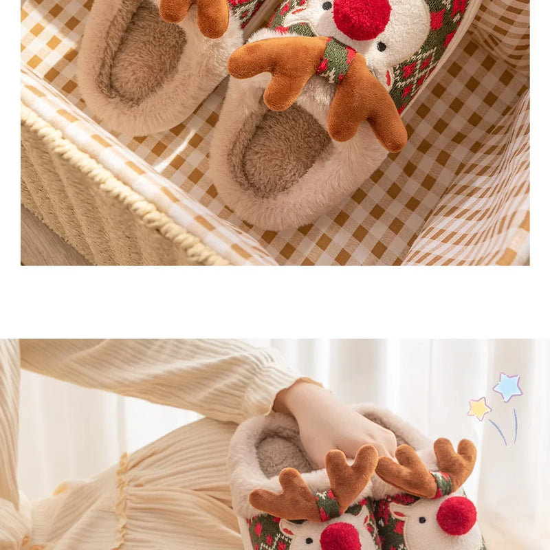 Inverno novo natal chinelos de algodão para mulher bonito dos desenhos animados cervos antiderrapante meninas interior casa sapatos moda festa slides