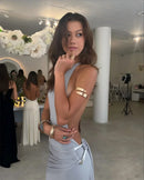 Mozision um ombro sem costas sexy maxi vestido feminino moda fivela de metal gola diagonal sem mangas drapeado clube vestido longo