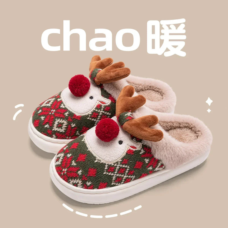 Inverno novo natal chinelos de algodão para mulher bonito dos desenhos animados cervos antiderrapante meninas interior casa sapatos moda festa slides