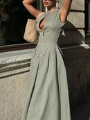 Mulher zíper vestido longo mulher plissado sem mangas bodycon vestido de verão elegante vestidos de festa para mulher 2025 novos vestidos midi