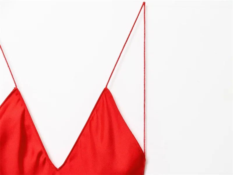 2025 novo vestido feminino verão suspensórios vermelhos seda cetim textura maxi vestido sexy aberto volta design elegante e elegante praia