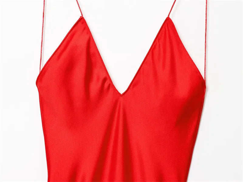 2025 novo vestido feminino verão suspensórios vermelhos seda cetim textura maxi vestido sexy aberto volta design elegante e elegante praia