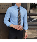 Alta qualidade outono masculino nova manga longa listrado escuro magro-ajuste camisa de negócios casual formal