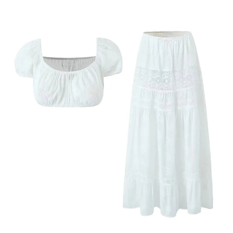 Conjunto de saia de renda vestido de verão feminino praia férias sexy algodão conjunto combinando roupas primavera branco 2 peças vestidos feminino conjunto 2025