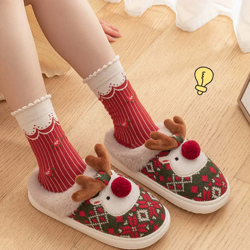 Inverno novo natal chinelos de algodão para mulher bonito dos desenhos animados cervos antiderrapante meninas interior casa sapatos moda festa slides
