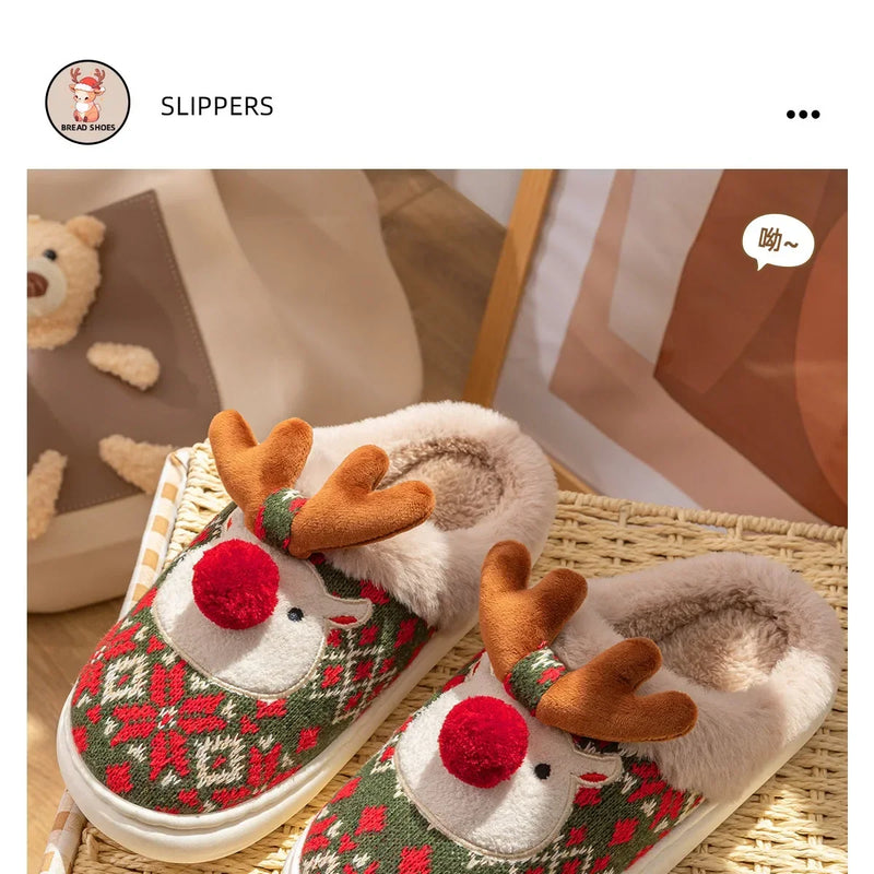 Inverno novo natal chinelos de algodão para mulher bonito dos desenhos animados cervos antiderrapante meninas interior casa sapatos moda festa slides