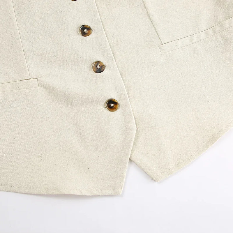 Retro Algodão Linho Treino Mulheres Two Piece Set Chic Button Vest Colete + Short Sets Ensemble Femme 2 Peças