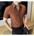 2025 camisa de manga curta elástica fina de verão de alta qualidade para negócios masculinos e roupas casuais, carcela de botão oculto M-4XL