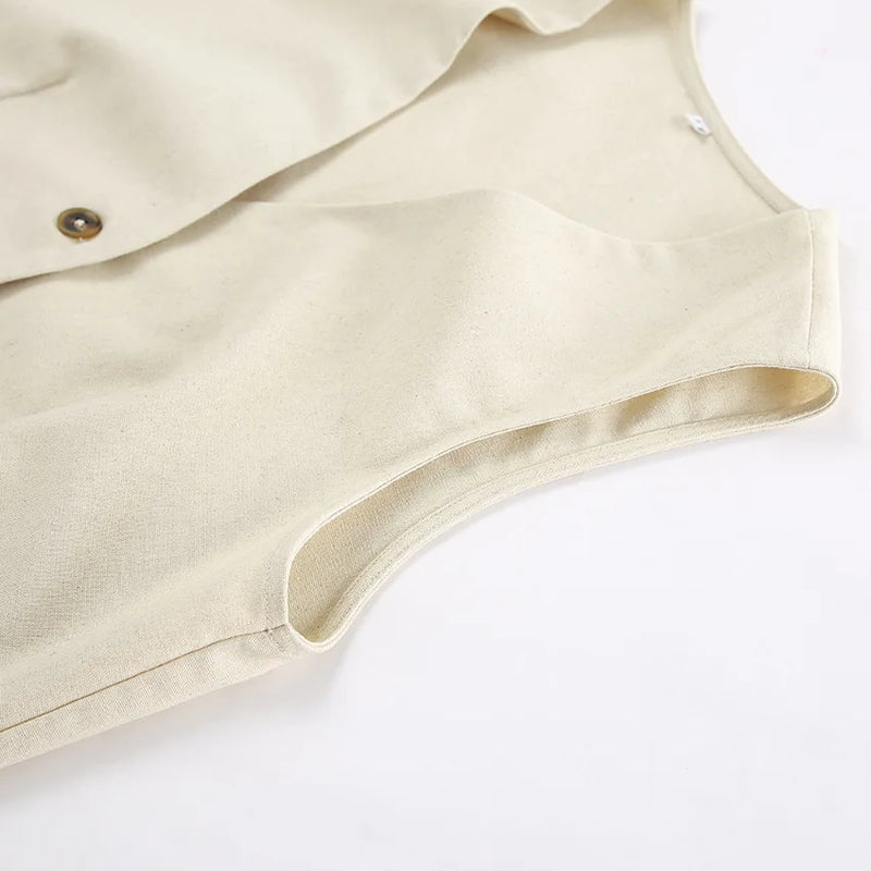 Retro Algodão Linho Treino Mulheres Two Piece Set Chic Button Vest Colete + Short Sets Ensemble Femme 2 Peças