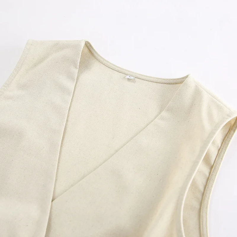 Retro Algodão Linho Treino Mulheres Two Piece Set Chic Button Vest Colete + Short Sets Ensemble Femme 2 Peças