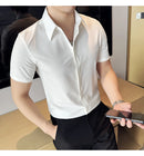 2025 camisa de manga curta elástica fina de verão de alta qualidade para negócios masculinos e roupas casuais, carcela de botão oculto M-4XL