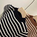 Meia gola alta pulôver listrado camisola fino ajuste camisa superior feminina início da primavera e outono manga curta camisa de fundo