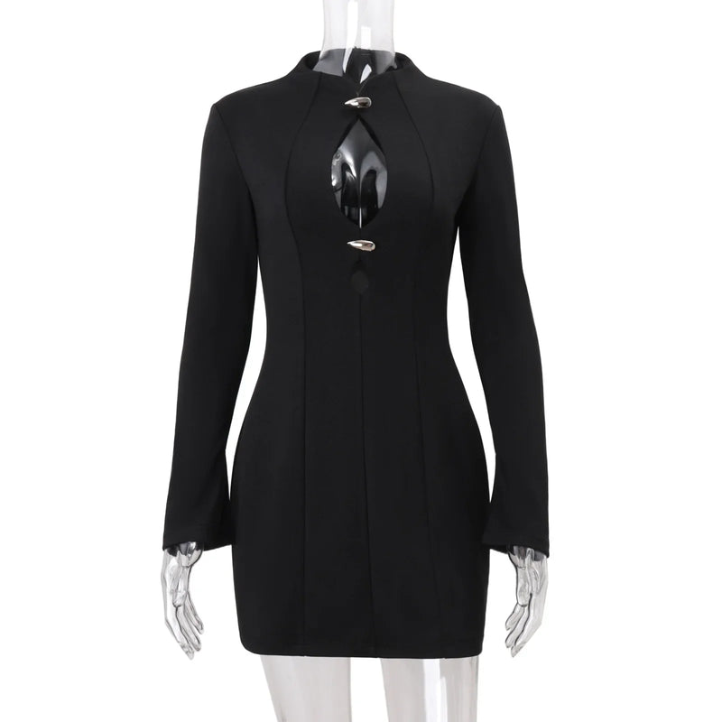 Preto oco para fora mini vestido feminino sexy manga longa bodycon cintura cinching vestidos 2025 chique outono senhora do escritório comute robes