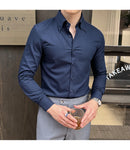 Alta qualidade outono masculino nova manga longa listrado escuro magro-ajuste camisa de negócios casual formal