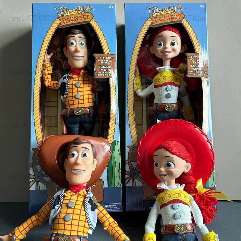 História 3 4 falando woody jessie figuras de ação panos reais corpo boneca cantar macio figura de ação modelo brinquedos voz boneca mesa ornamento
