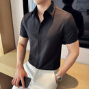 2025 camisa de manga curta elástica fina de verão de alta qualidade para negócios masculinos e roupas casuais, carcela de botão oculto M-4XL
