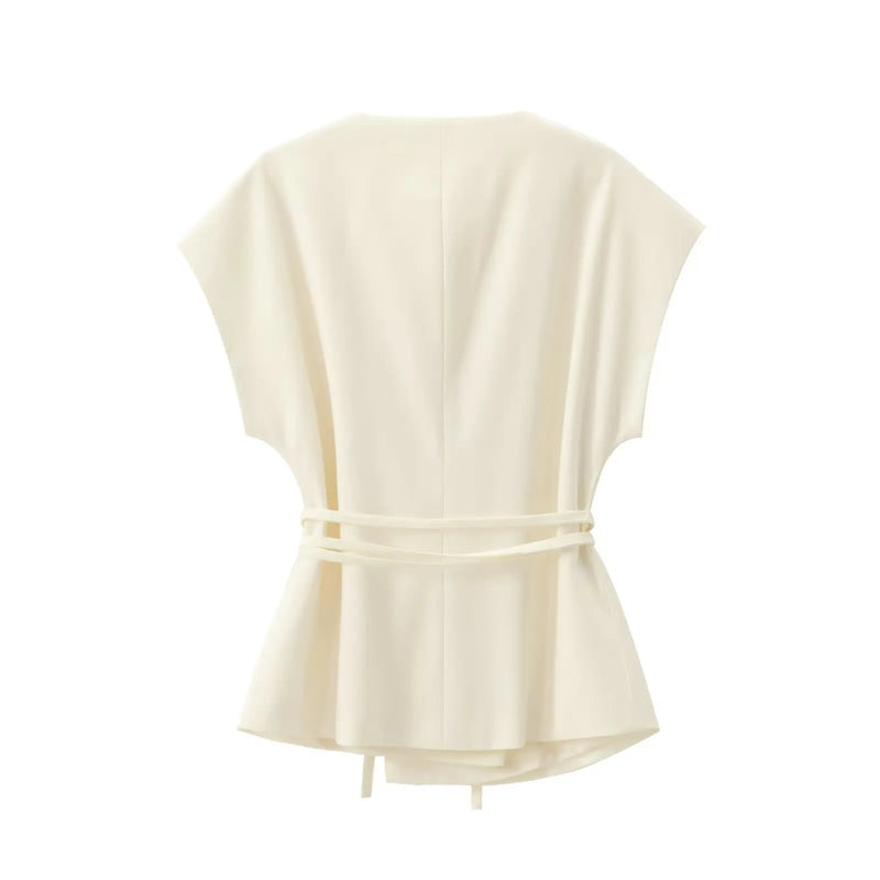 Moda feminina calças ternos sem mangas com decote em v superior com cinto calças retas define 2025 primavera verão commuter 2 peça conjunto