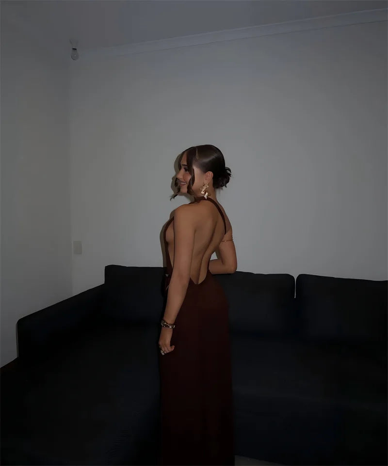 Mozision um ombro sem costas sexy maxi vestido feminino moda fivela de metal gola diagonal sem mangas drapeado clube vestido longo