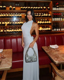 Mozision um ombro sem costas sexy maxi vestido feminino moda fivela de metal gola diagonal sem mangas drapeado clube vestido longo