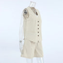 Retro Algodão Linho Treino Mulheres Two Piece Set Chic Button Vest Colete + Short Sets Ensemble Femme 2 Peças
