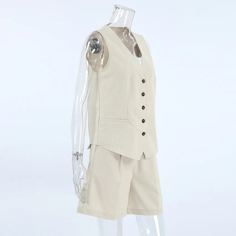 Retro Algodão Linho Treino Mulheres Two Piece Set Chic Button Vest Colete + Short Sets Ensemble Femme 2 Peças