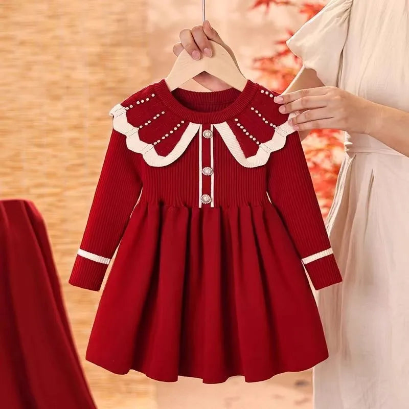 Vestido de princesa de pele sintética de malha para meninas, vestido de festa de férias de inverno, vestido vermelho festivo de Natal e ano novo, acabamento de veludo elegante